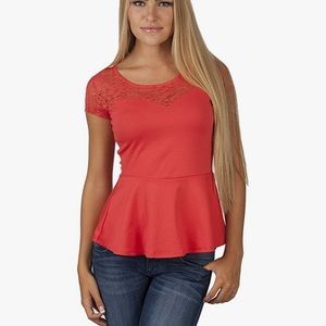 Short-Sleeve Lace Neck Peplum Top